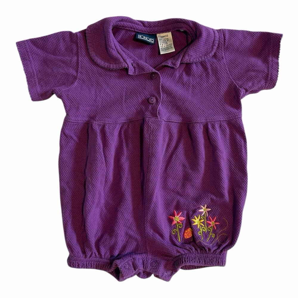 Vintage 90s Honors Baby Girl Purple Waffleknit Romper With Floral Embroidery